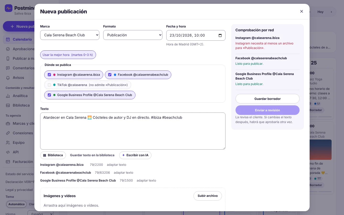 Ventana «Nueva publicación»: marca, formato y fecha; Instagram, Facebook y Google Business Profile marcados; TikTok desactivado porque no admite ese formato. A la derecha, la comprobación por red: Instagram necesita al menos un archivo y las otras dos están listas.