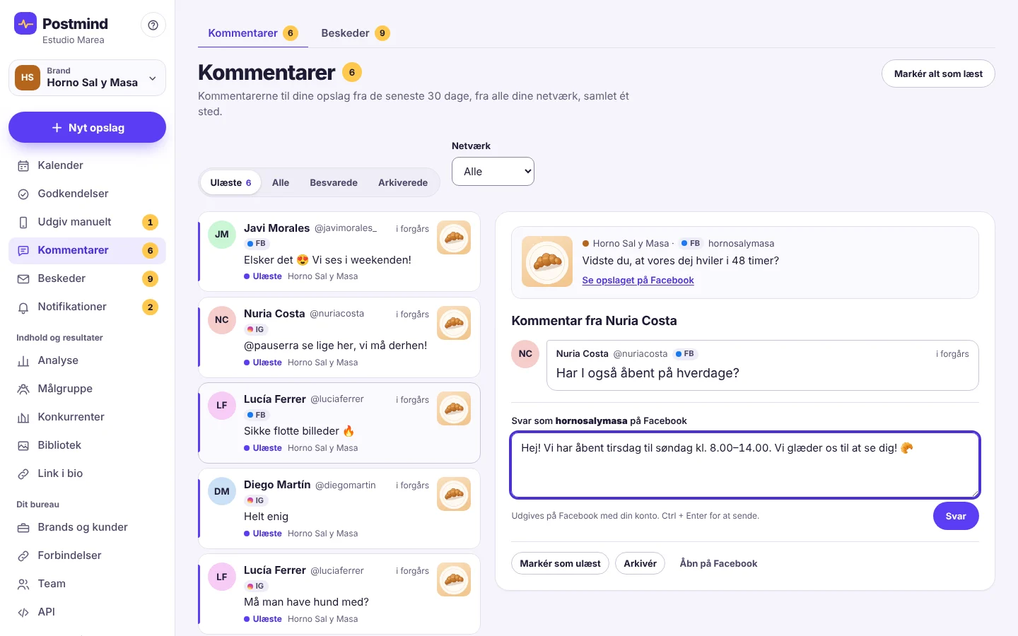 Indbakken med kommentarer fra Facebook og Instagram til Horno Sal y Masa. Til højre en åben kommentar, der spørger, om der også er åbent på hverdage, og et svar, der er klar til at blive udgivet som brandet på Facebook.