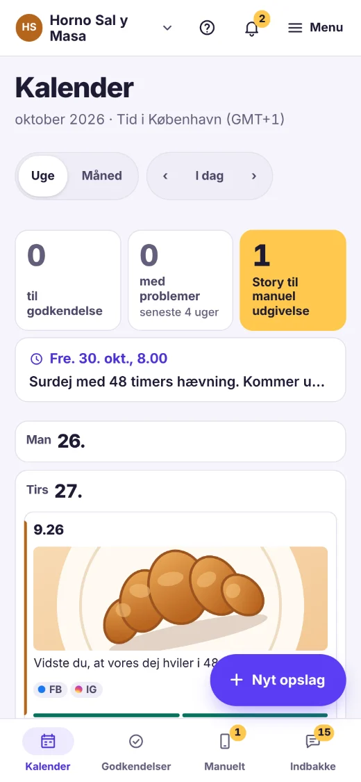 Den samme kalender på mobilen med dagens overblik og bjælken med kalender, godkendelser, manuel udgivelse og indbakke.