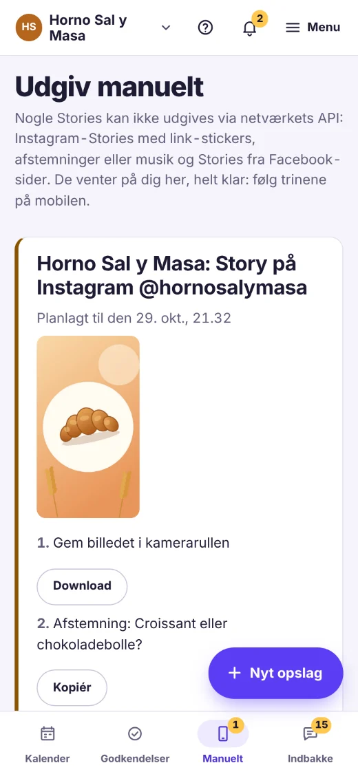 Skærmen «Udgiv manuelt» på mobilen: en Story fra Horno Sal y Masa til Instagram med trinene: gem billedet, og kopiér teksten til hver sticker (afstemning, nedtælling, link).