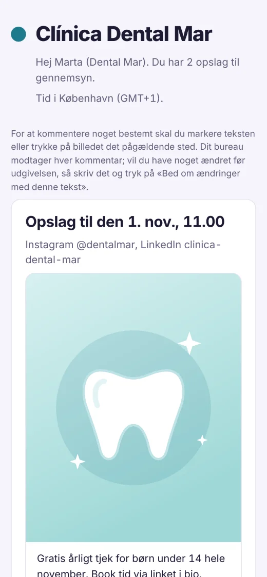 Den samme side til gennemsyn på mobilen med forklaringen på, hvordan man kommenterer teksten eller billedet.