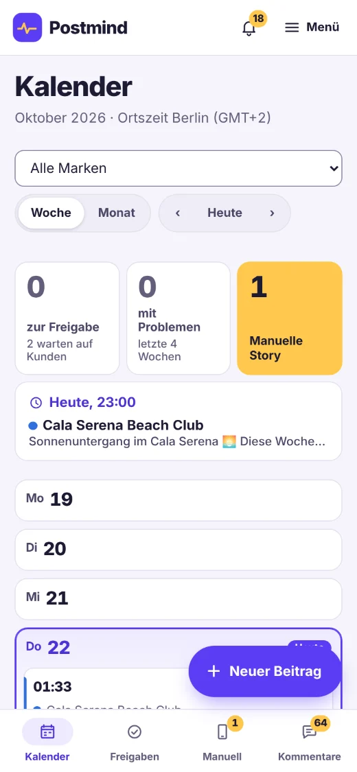 Dieselbe Tagesübersicht auf dem Smartphone, mit der Leiste für Kalender, Freigaben, manuelles Posten und Kommentare.