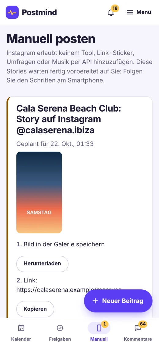 Bildschirm „Manuell posten“ auf dem Smartphone: eine Instagram-Story von Cala Serena Beach Club, fertig zum Posten, mit den Schritten: Bild speichern und Sticker-Link kopieren.