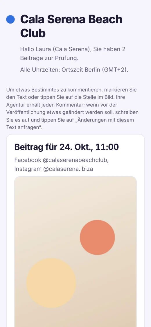 Dieselbe Freigabeseite auf dem Smartphone, mit der Erklärung, wie man Text oder Bild kommentiert.