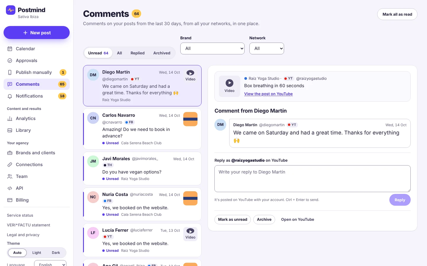 Comment inbox with 64 unread comments from YouTube, Facebook and Threads. On the right, an open comment and the box to reply as the brand on YouTube.