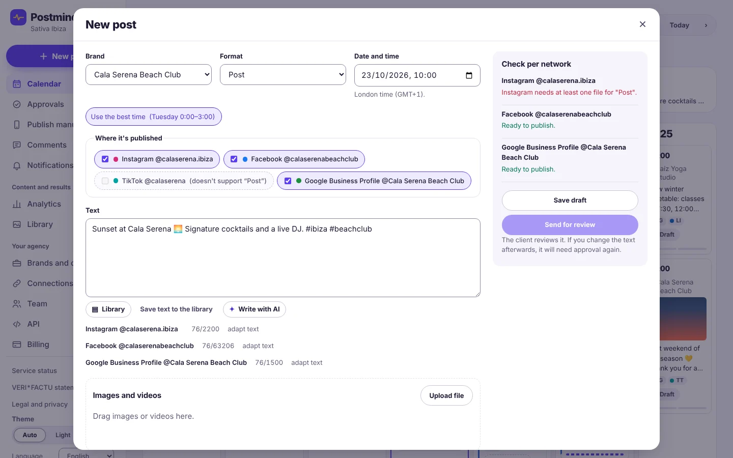 The “New post” window: brand, format and date; Instagram, Facebook and Google Business Profile selected; TikTok disabled because it doesn’t support that format. On the right, the per-network check: Instagram needs at least one file and the other two are ready.
