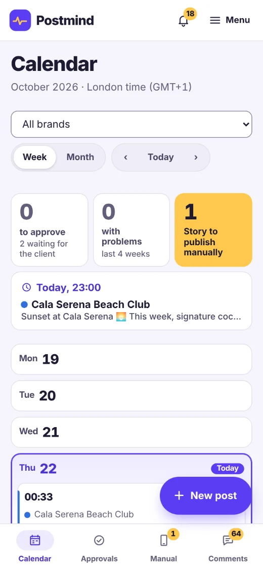 The same daily summary on a phone, with the bar for calendar, approvals, manual publishing and comments.