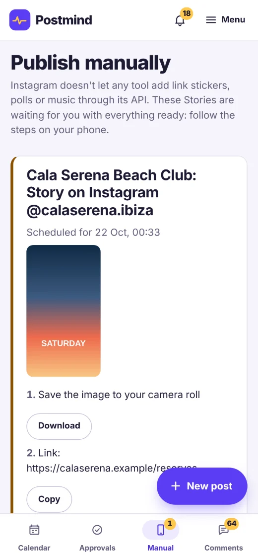 The “Publish manually” screen on a phone: a Cala Serena Beach Club Story for Instagram, ready to post, with the steps: save the image and copy the sticker link.