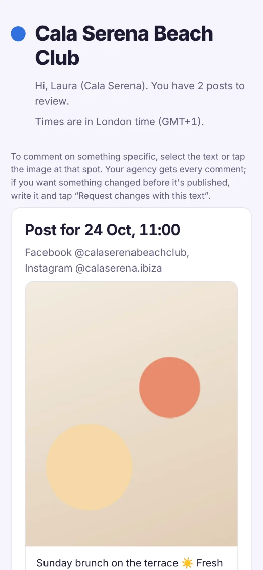 The same review page on a phone, explaining how to comment on the text or the image.