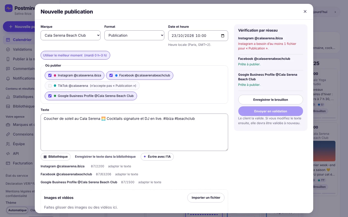 Fenêtre « Nouvelle publication » : marque, format et date ; Instagram, Facebook et Google Business Profile cochés ; TikTok désactivé, car il n’accepte pas ce format. À droite, la vérification réseau par réseau : Instagram a besoin d’au moins un fichier, les deux autres sont prêts.