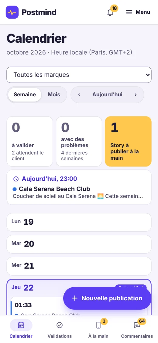 Le même résumé du jour sur mobile, avec la barre calendrier, validations, publication manuelle et commentaires.