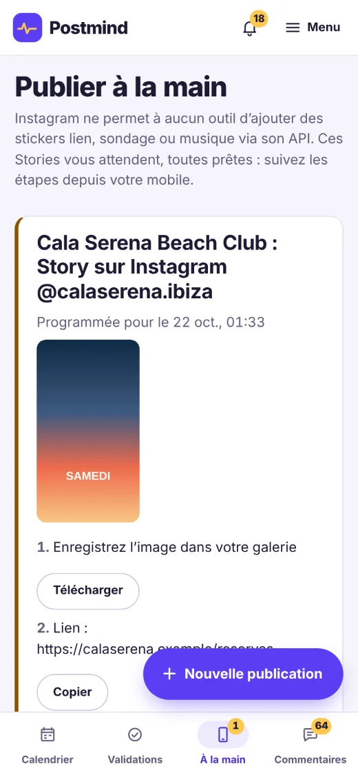 Écran « Publier à la main » sur mobile : une Story Instagram de Cala Serena Beach Club, prête à publier, avec les étapes : enregistrer l’image et copier le lien du sticker.