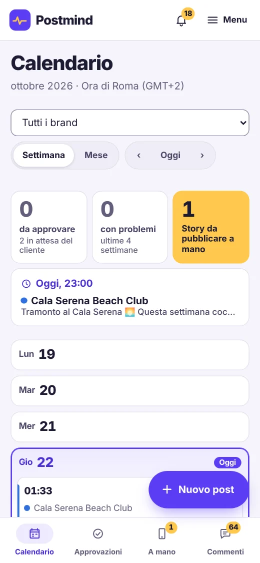 Lo stesso riepilogo di oggi sullo smartphone, con la barra per calendario, approvazioni, pubblicazione a mano e commenti.