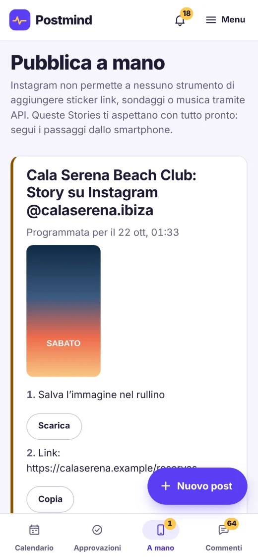 Schermata «Pubblica a mano» sullo smartphone: una Story Instagram di Cala Serena Beach Club, pronta da pubblicare, con i passaggi: salvare l’immagine e copiare il link dello sticker.