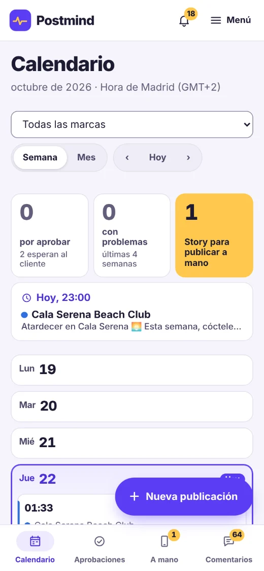 El mismo resumen de hoy en el móvil, con la barra de calendario, aprobaciones, publicar a mano y comentarios.