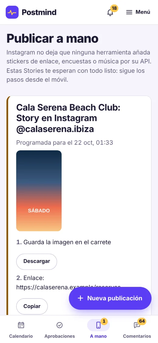 Pantalla «Publicar a mano» en el móvil: una Story de Cala Serena Beach Club para Instagram, lista para publicar, con los pasos: guardar la imagen y copiar el enlace del sticker.