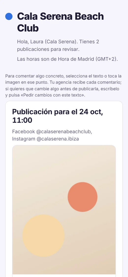La misma página de revisión en el móvil, con la explicación de cómo comentar sobre el texto o la imagen.