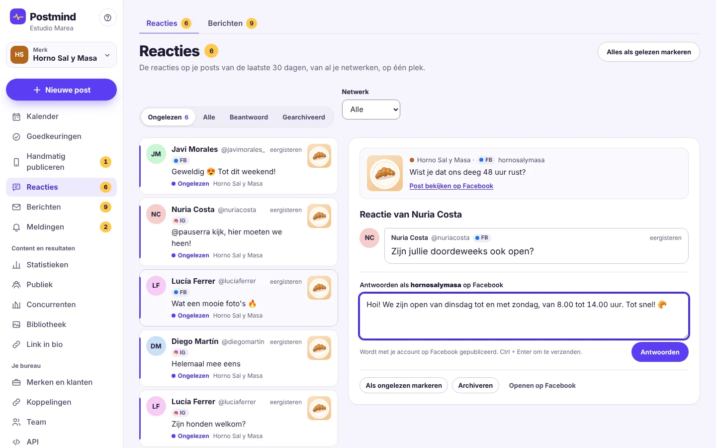Inbox met reacties van Facebook en Instagram voor Horno Sal y Masa. Rechts een geopende reactie met de vraag of ze ook doordeweeks open zijn, en een antwoord dat klaarstaat om als het merk op Facebook te plaatsen.