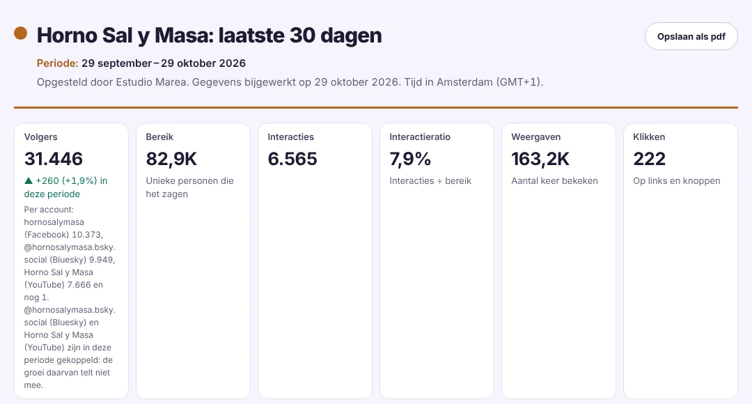 Rapport over de laatste 30 dagen van Horno Sal y Masa, gemaakt door het bureau: volgers, bereik, interacties, interactiepercentage, weergaven en klikken.