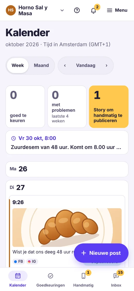 Dezelfde kalender op de telefoon, met het overzicht van vandaag en de balk met kalender, goedkeuringen, handmatig publiceren en inbox.