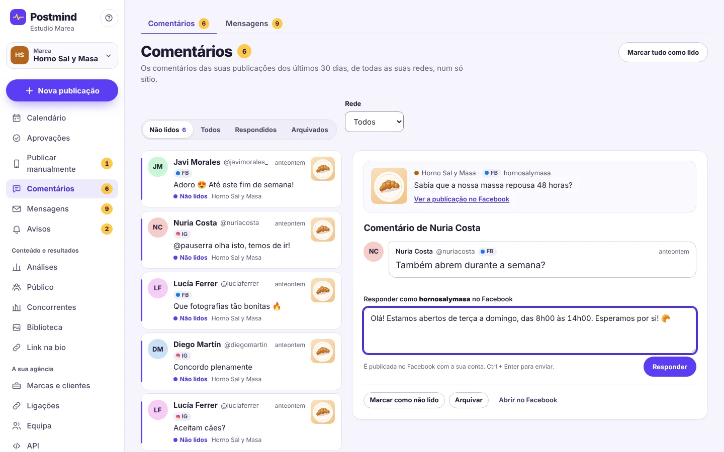 Caixa de comentários do Facebook e do Instagram do Horno Sal y Masa. À direita, um comentário aberto, a perguntar se abrem também durante a semana, e a resposta escrita para publicar como a marca no Facebook.
