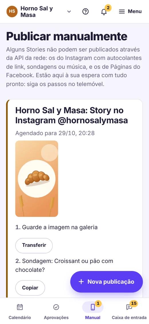 Ecrã “Publicar manualmente” no telemóvel: um Story do Horno Sal y Masa para o Instagram, com os passos: guardar a imagem e copiar o texto de cada autocolante (sondagem, contagem decrescente, link).