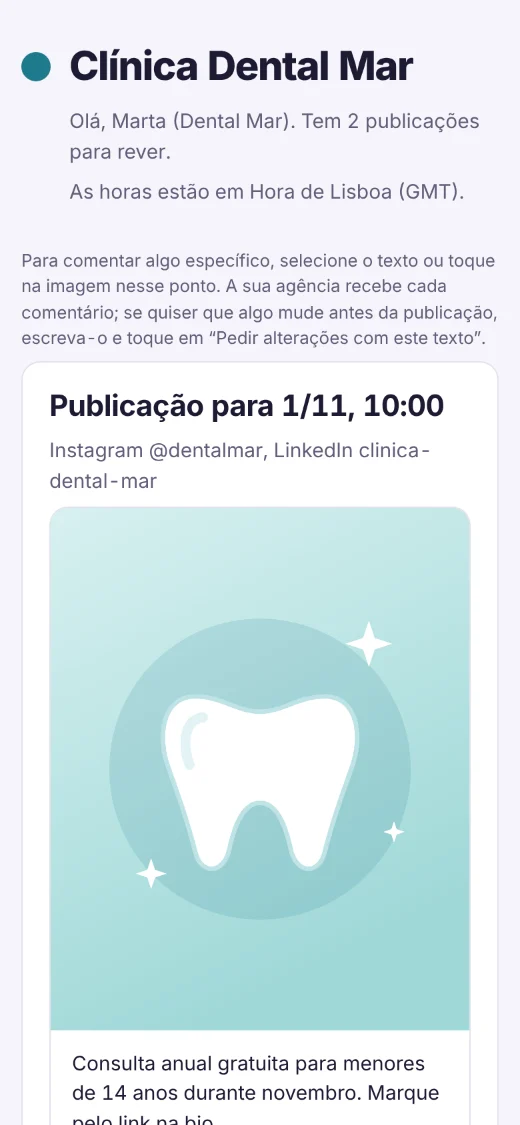 A mesma página de revisão no telemóvel, com a explicação de como comentar o texto ou a imagem.