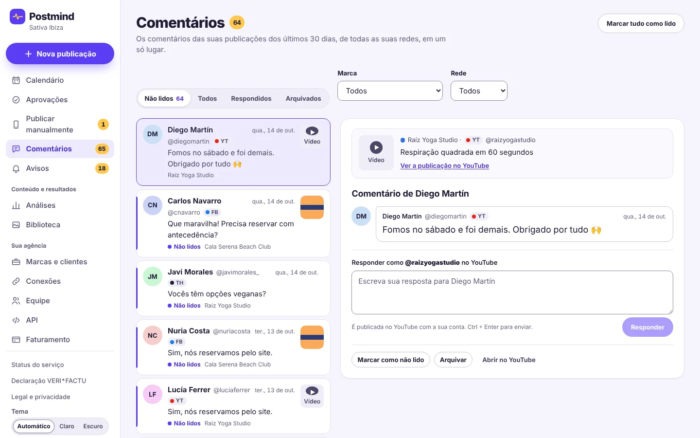 Caixa de comentários com 64 não lidos do YouTube, Facebook e Threads. À direita, um comentário aberto e o campo para responder como a marca no YouTube.