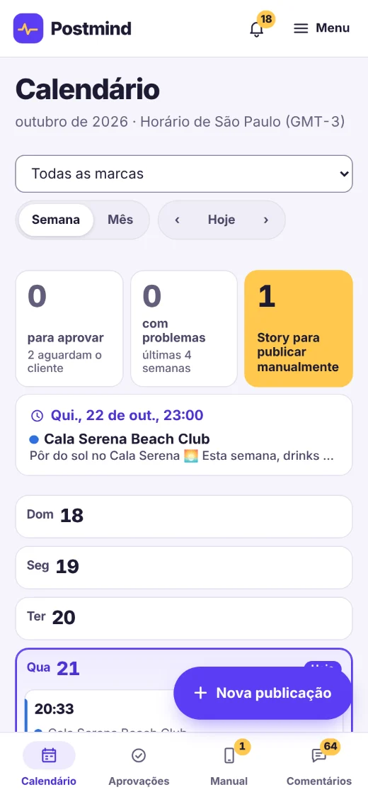 O mesmo resumo do dia no celular, com a barra de calendário, aprovações, publicação manual e comentários.