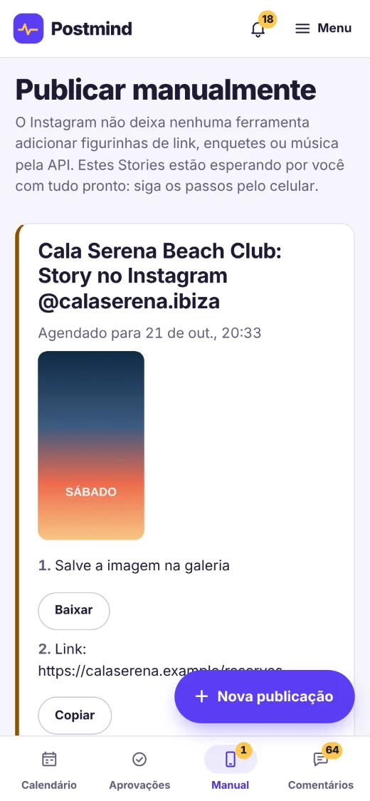 Tela “Publicar manualmente” no celular: um Story do Cala Serena Beach Club para o Instagram, pronto para publicar, com os passos: salvar a imagem e copiar o link da figurinha.