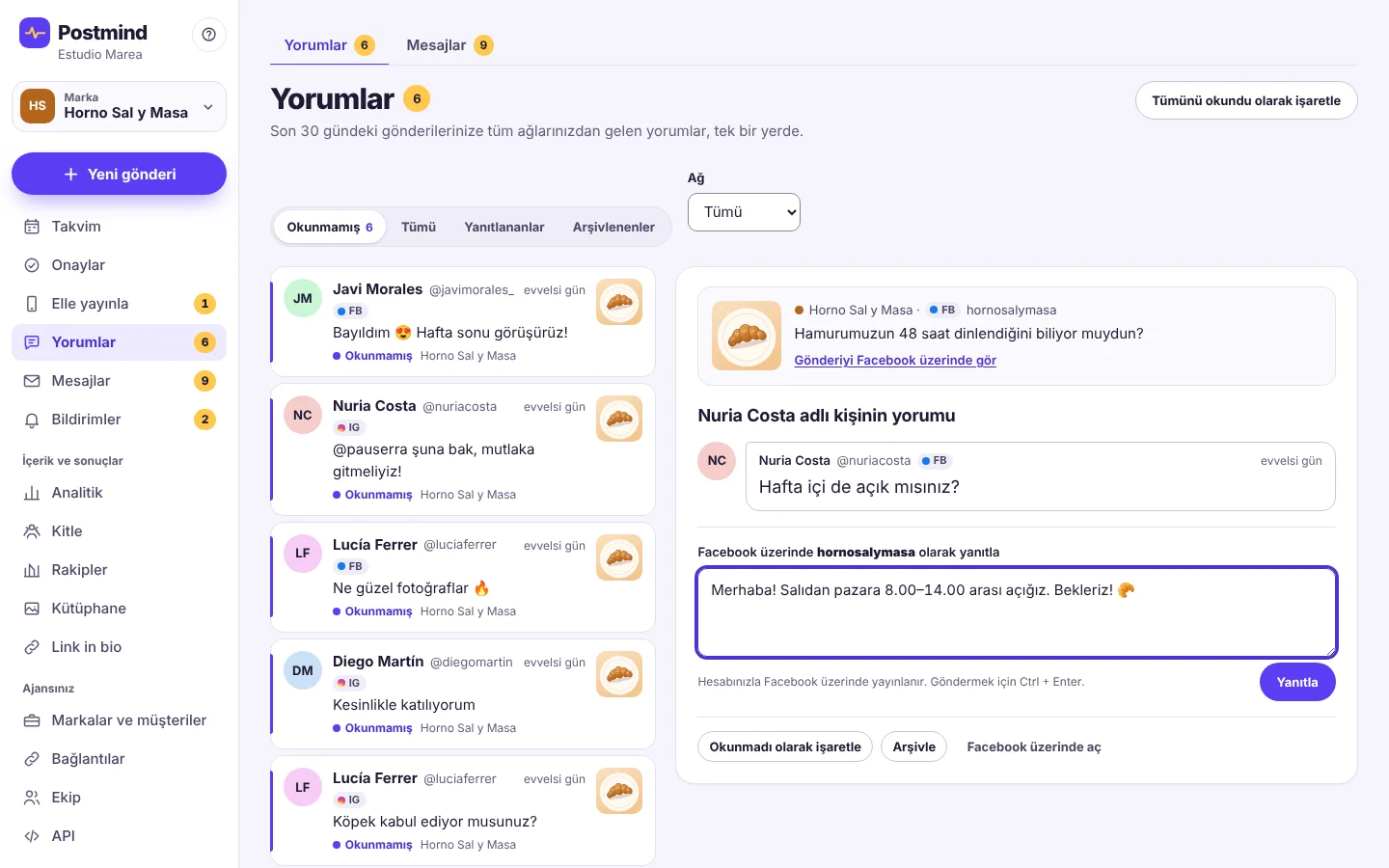 Horno Sal y Masa’nın Facebook ve Instagram yorumlarını gösteren gelen kutusu. Sağda, hafta içi de açık olup olmadıklarını soran açık bir yorum ve Facebook’ta marka adına yayınlanmaya hazır bir yanıt.