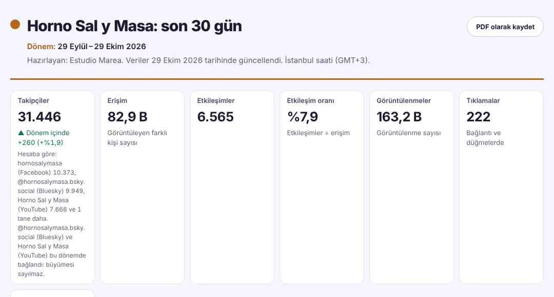 Ajansın hazırladığı Horno Sal y Masa son 30 gün raporu: takipçiler, erişim, etkileşimler, etkileşim oranı, görüntülenmeler ve tıklamalar.