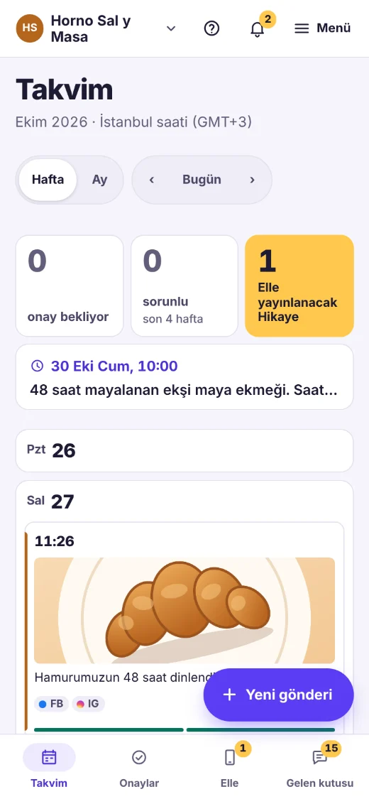 Aynı takvim telefonda: bugünün özeti ve takvim, onaylar, elle yayınlama ve gelen kutusu çubuğu.