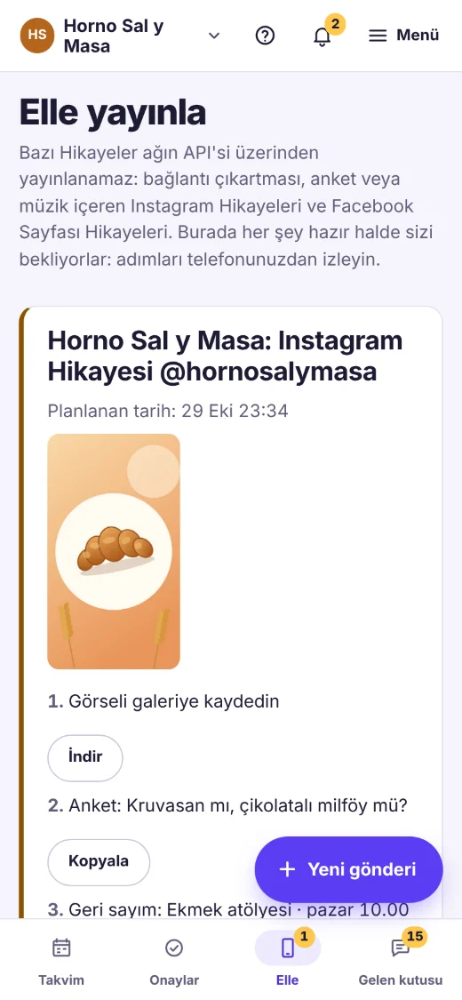Telefonda “Elle yayınla” ekranı: Horno Sal y Masa’nın Instagram için bir Hikayesi ve adımları: görseli kaydetmek ve her çıkartmanın metnini kopyalamak (anket, geri sayım, bağlantı).